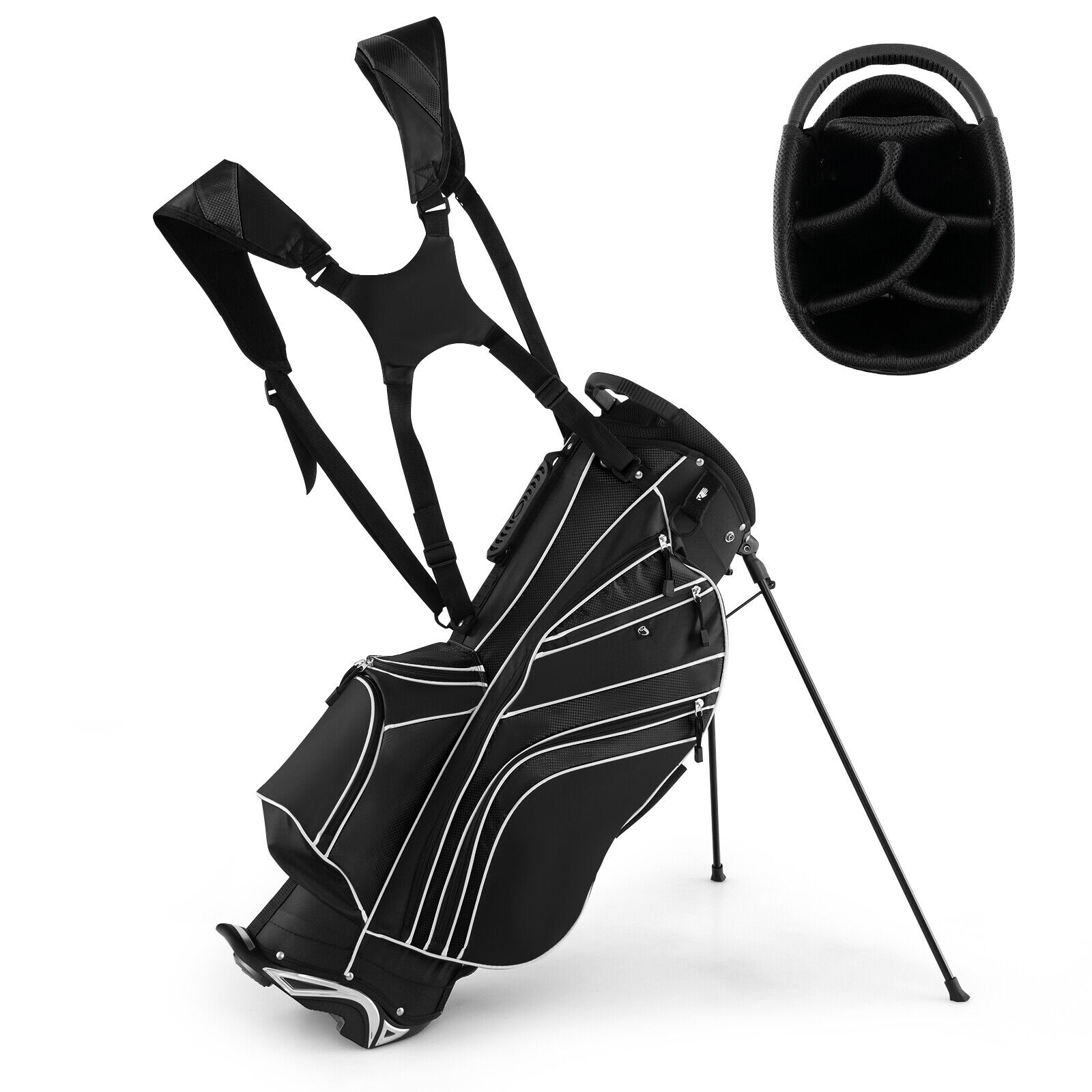Lightweight Golf Stand Carry Bag W/6 Way Dividers & 8 Pockets Rain Hood Black