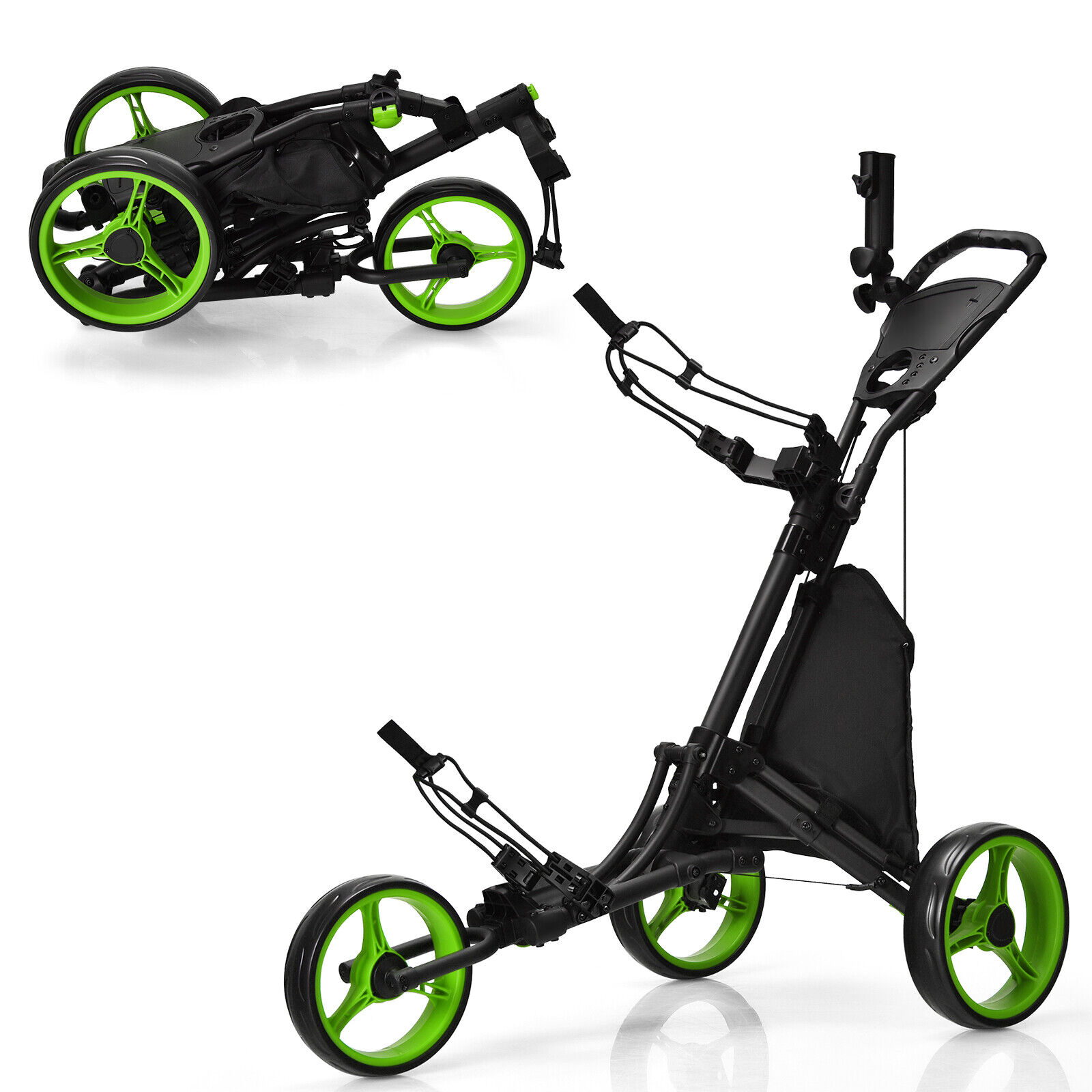 Costway Folding 3 Wheels Golf Push Cart W/Bag Scoreboard Adjustable Handle Green