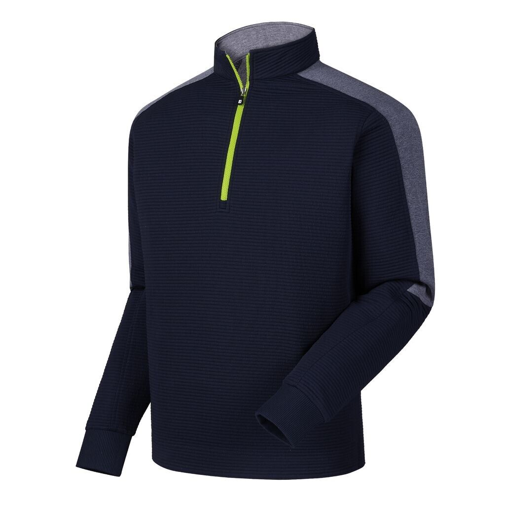 New FootJoy Ribbed Mid Layer Pullover.  Heather Navy / Lime.  Size Large