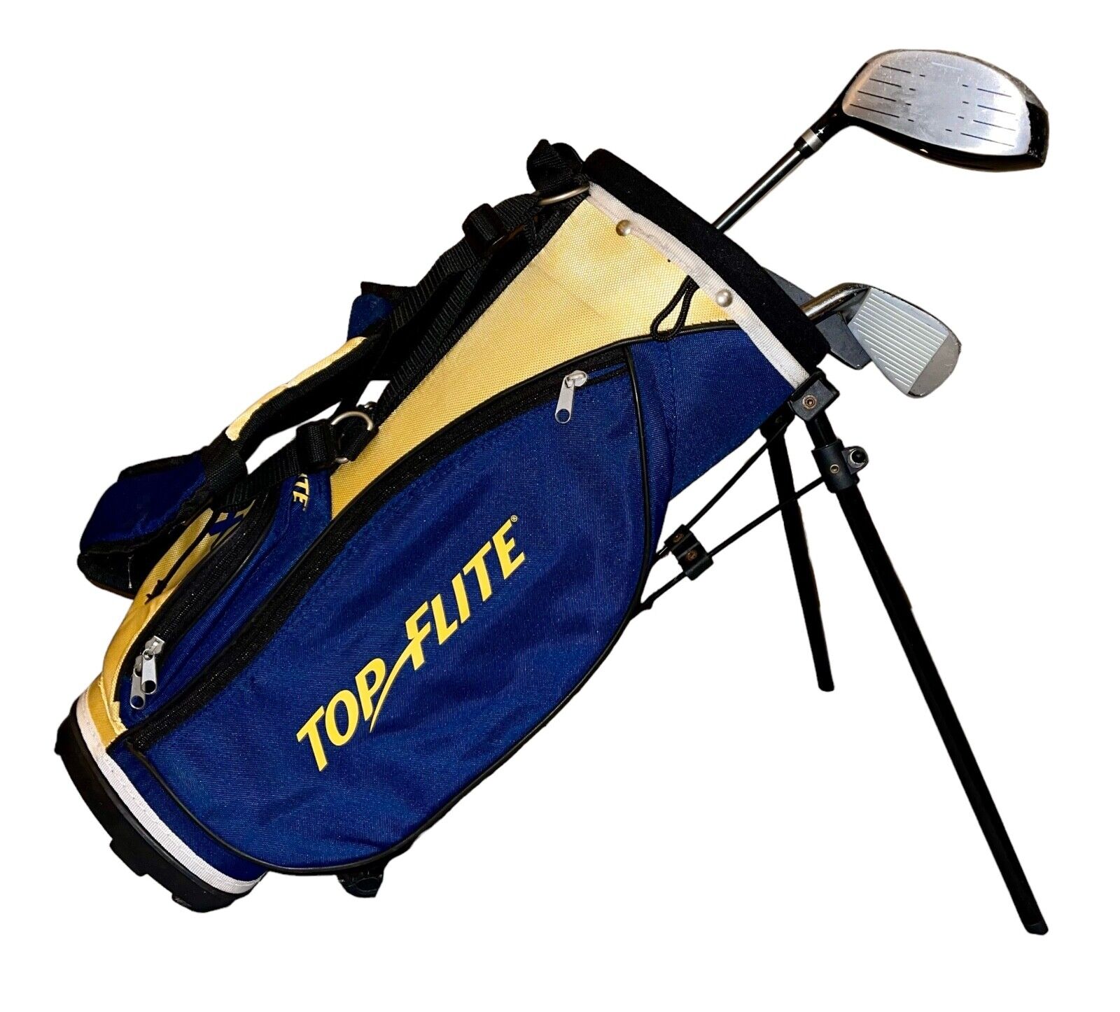 top flite xlj youth golf club bag with 3 clubs. Driver, 9,pw. 3 way/3pocket bag