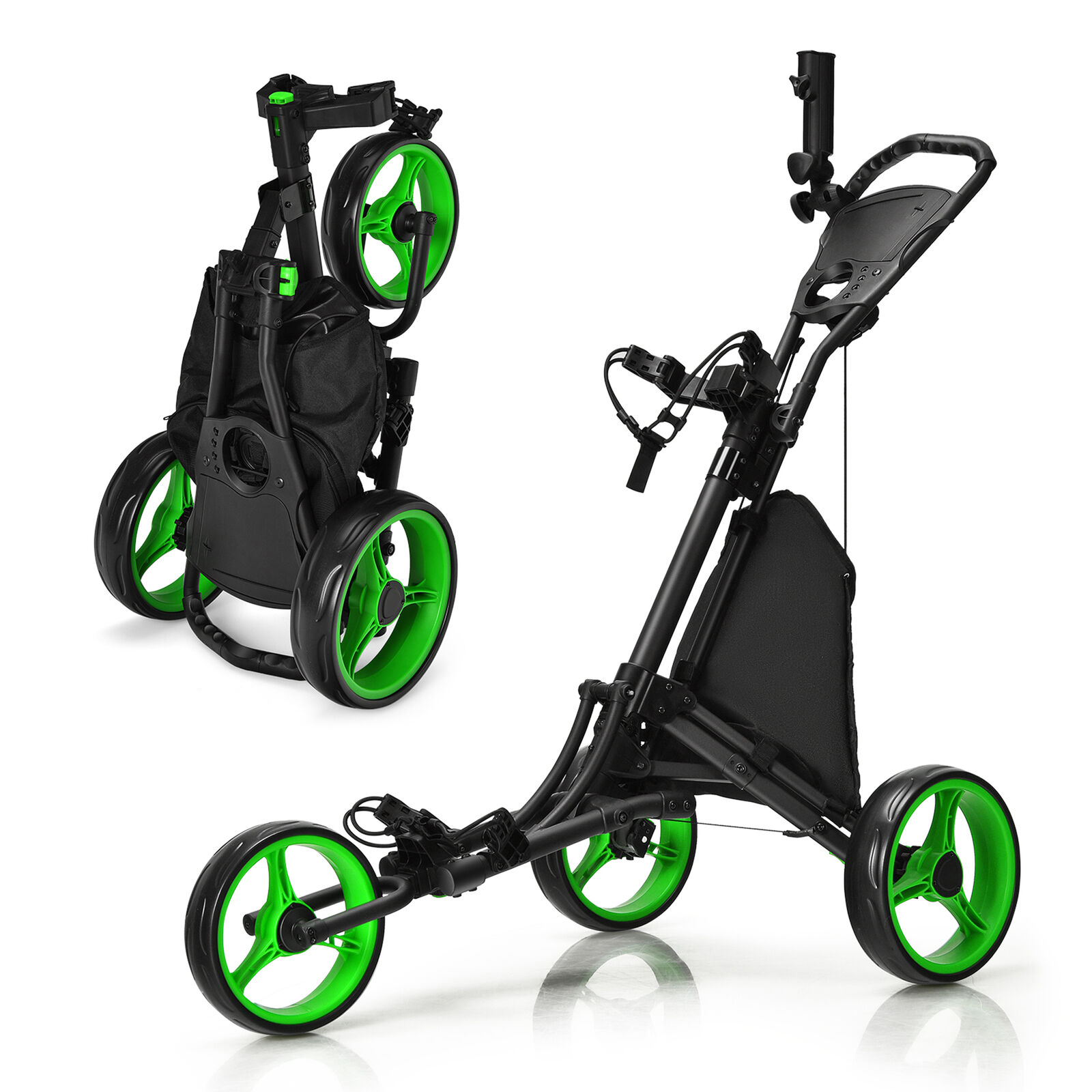 3-Wheel Foldable Golf Push Pull Cart Trolley w/ Adjustable Handle Green