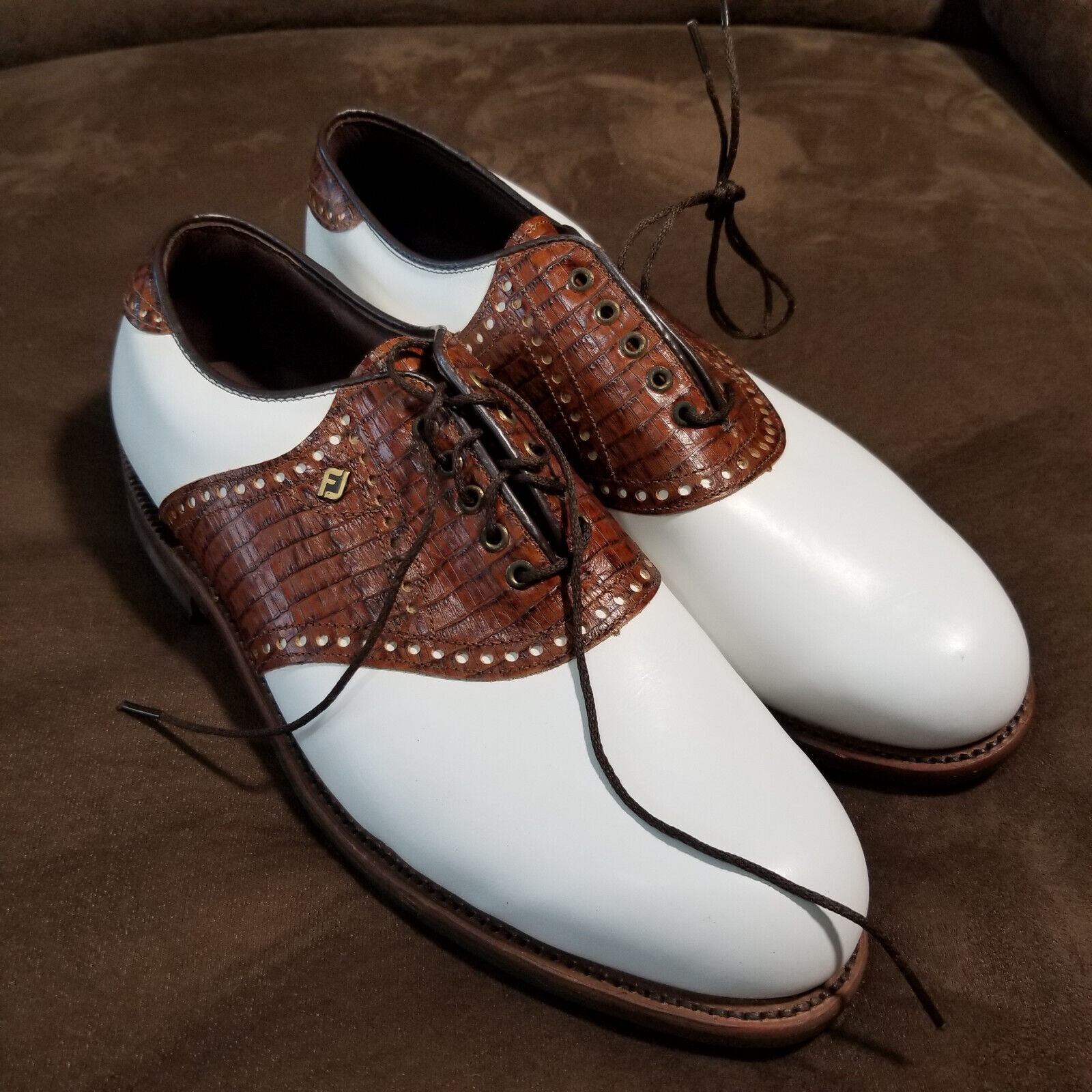 Footjoy Classics Dry Premiere Golf Shoes WH/BRN 50120 Lizard 9.5E excellent