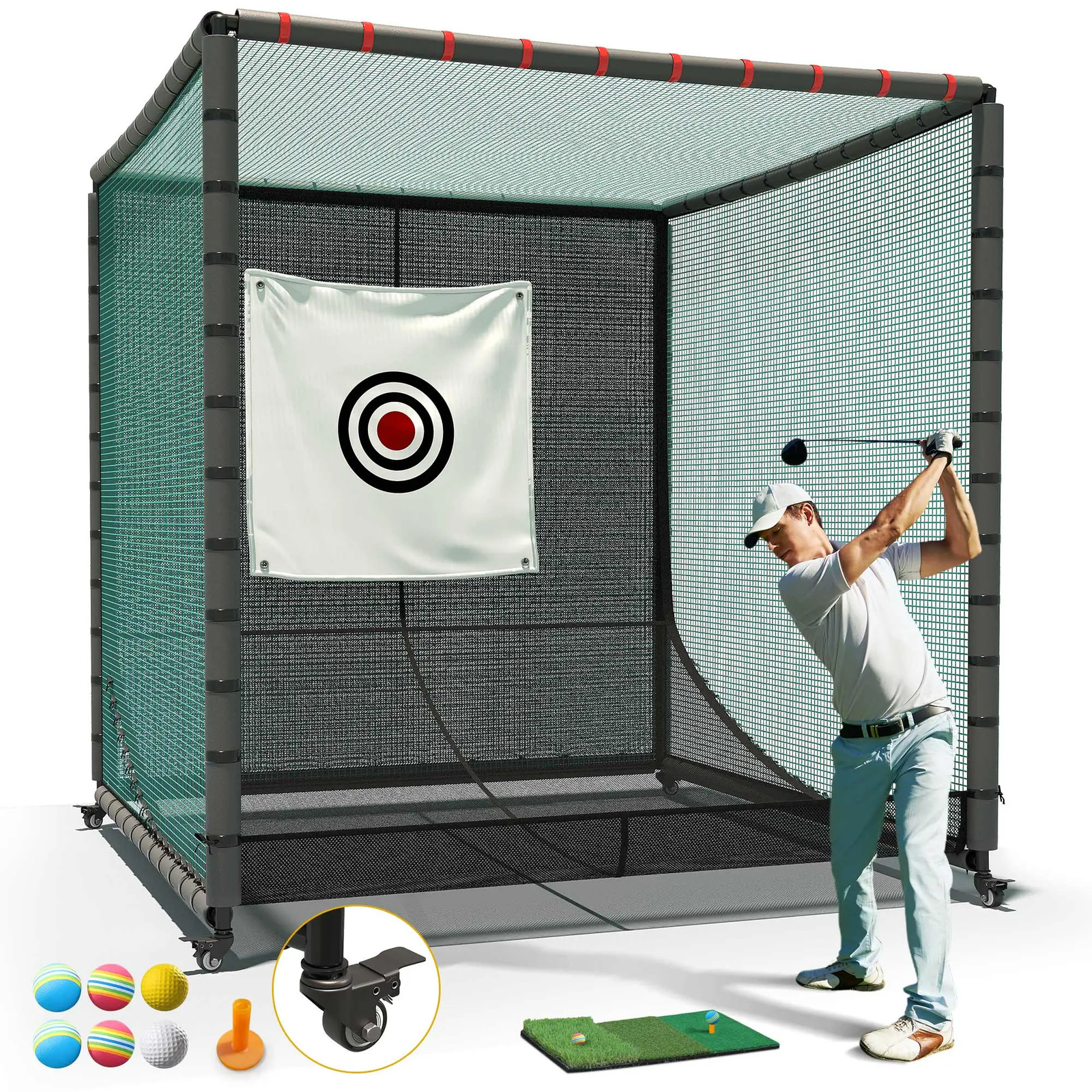 7x7x7ft Golf Cage with Steel Frame, Quiet Backyard Net, Includes Mat & Balls