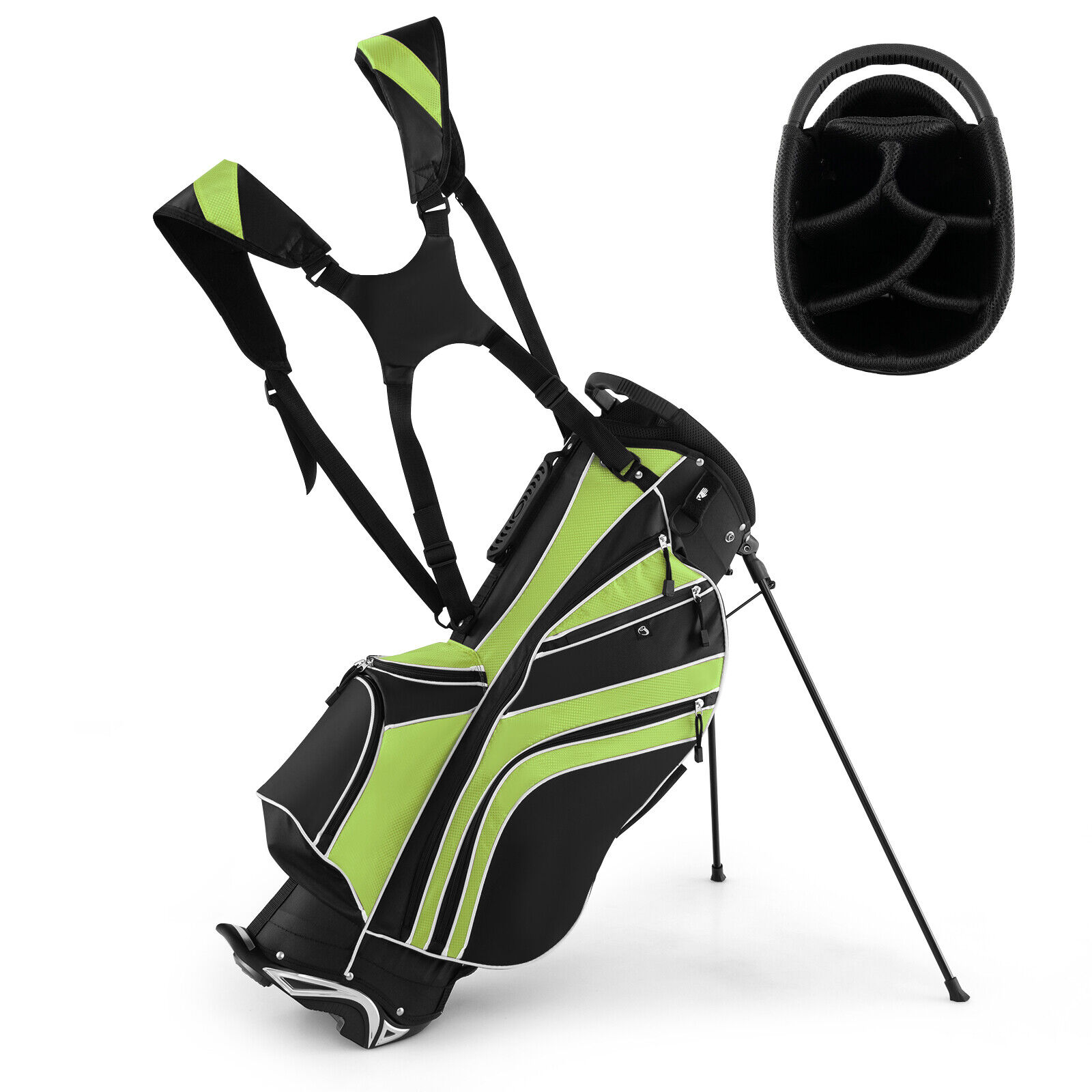 Lightweight Golf Stand Carry Bag W/6 Way Dividers & 8 Pockets Rain Hood Green