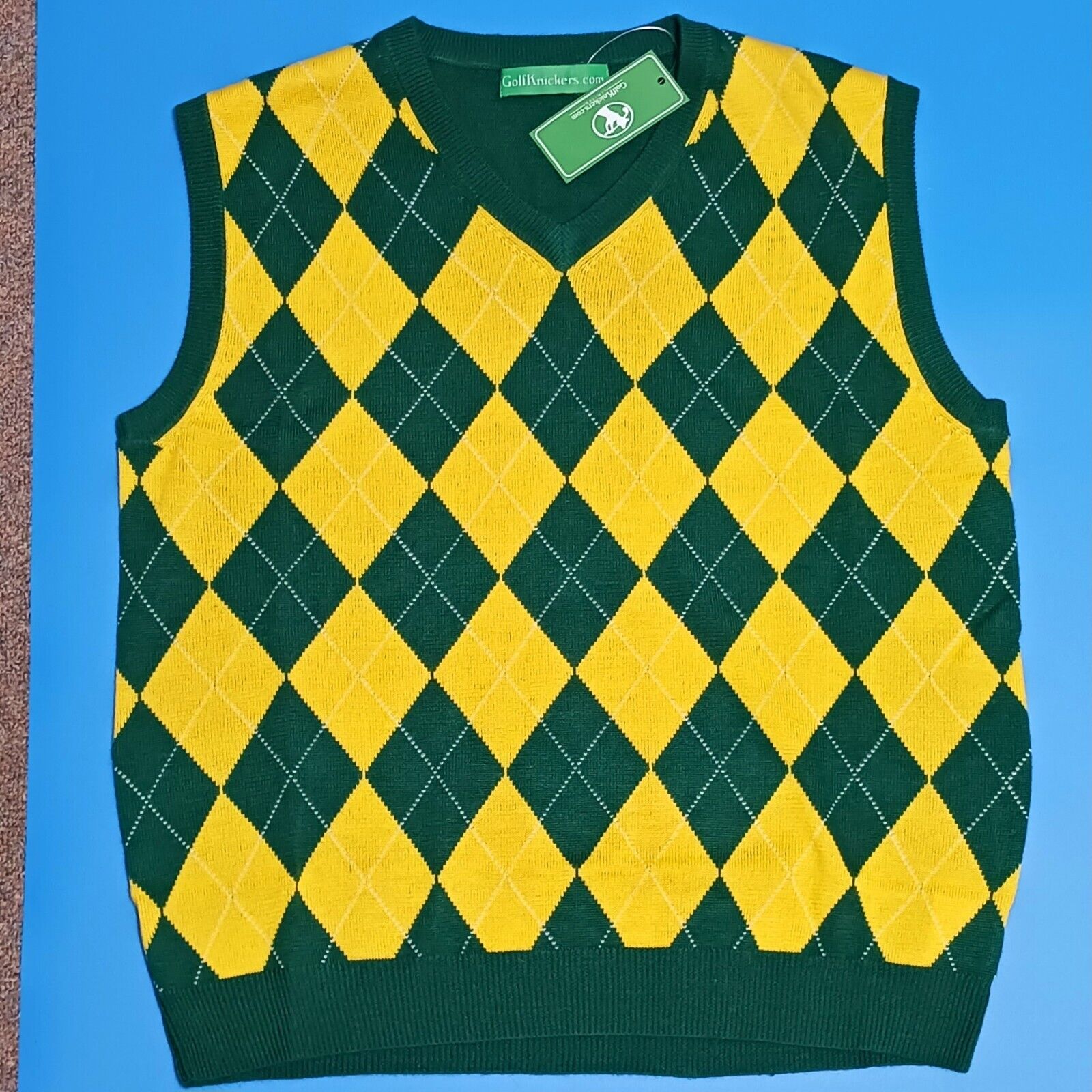 Golf Knickers Mens XL Sweater Vest Master\'s Yellow Green Argyle Brand New w Tags