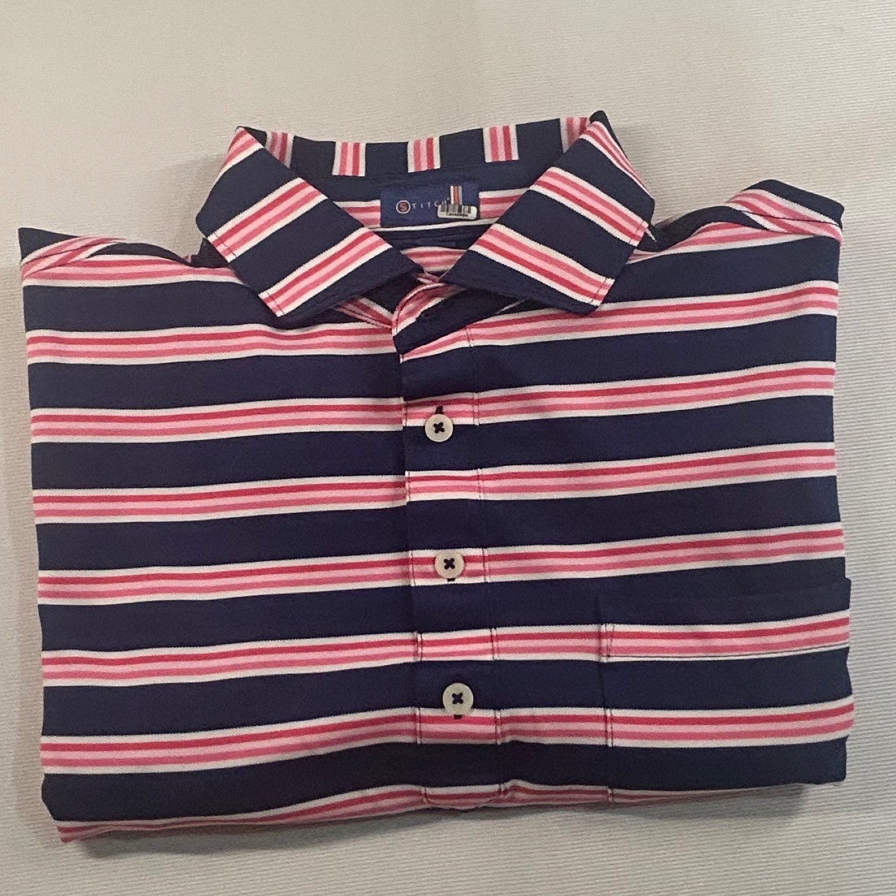 Stitch Golf Mens Navy Pink Striped Performance Polo Shirt Size M Pocket T 1908