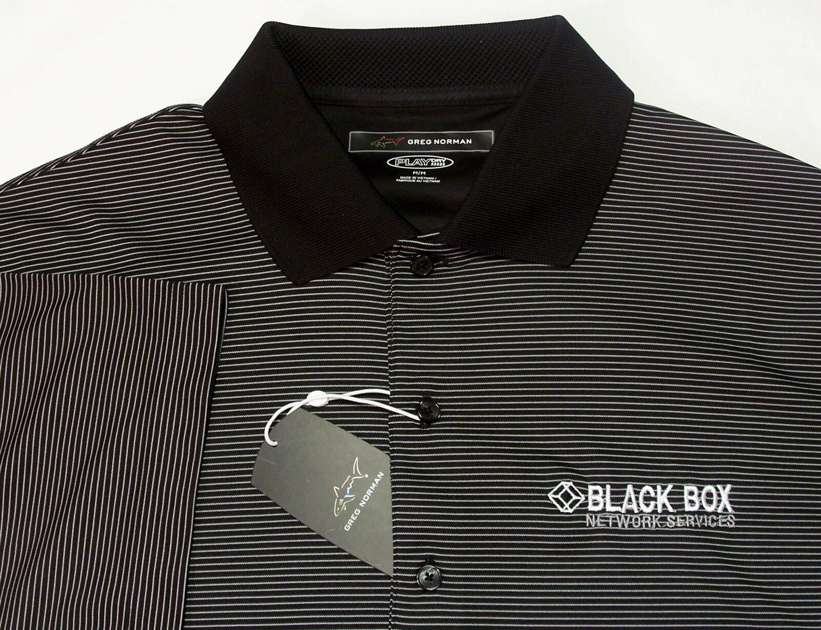 Greg Norman Play Dry New Mens Black Golf Polo Shirt M NWT Black Box Network logo
