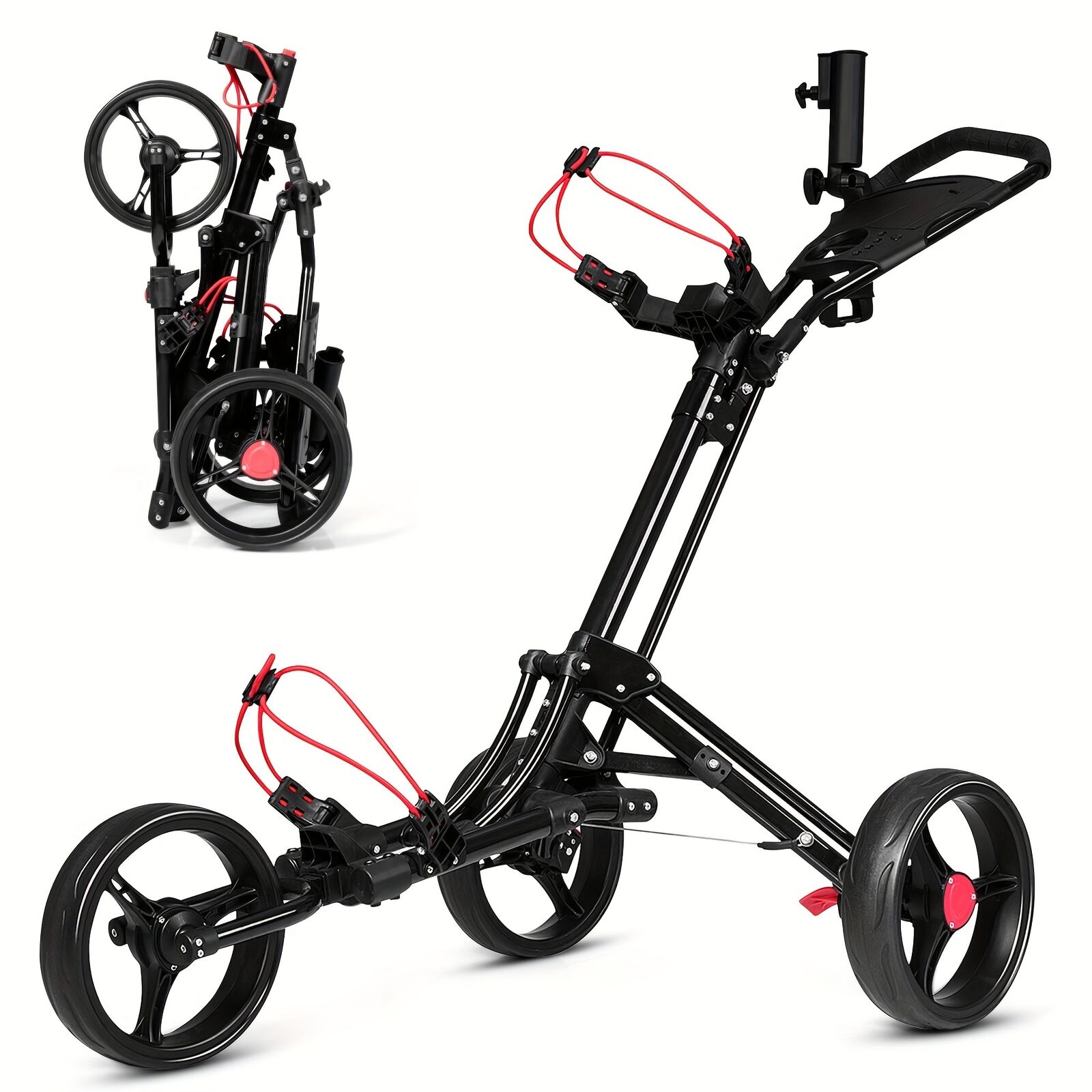 COSTWAT 1pc Foldable 3 Wheels Steel Golf Pull Push Cart W/ Umbrella Holder
