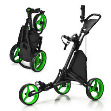 3-Wheel Foldable Golf Push Pull Cart Trolley w/ Adjustable Handle Green picture