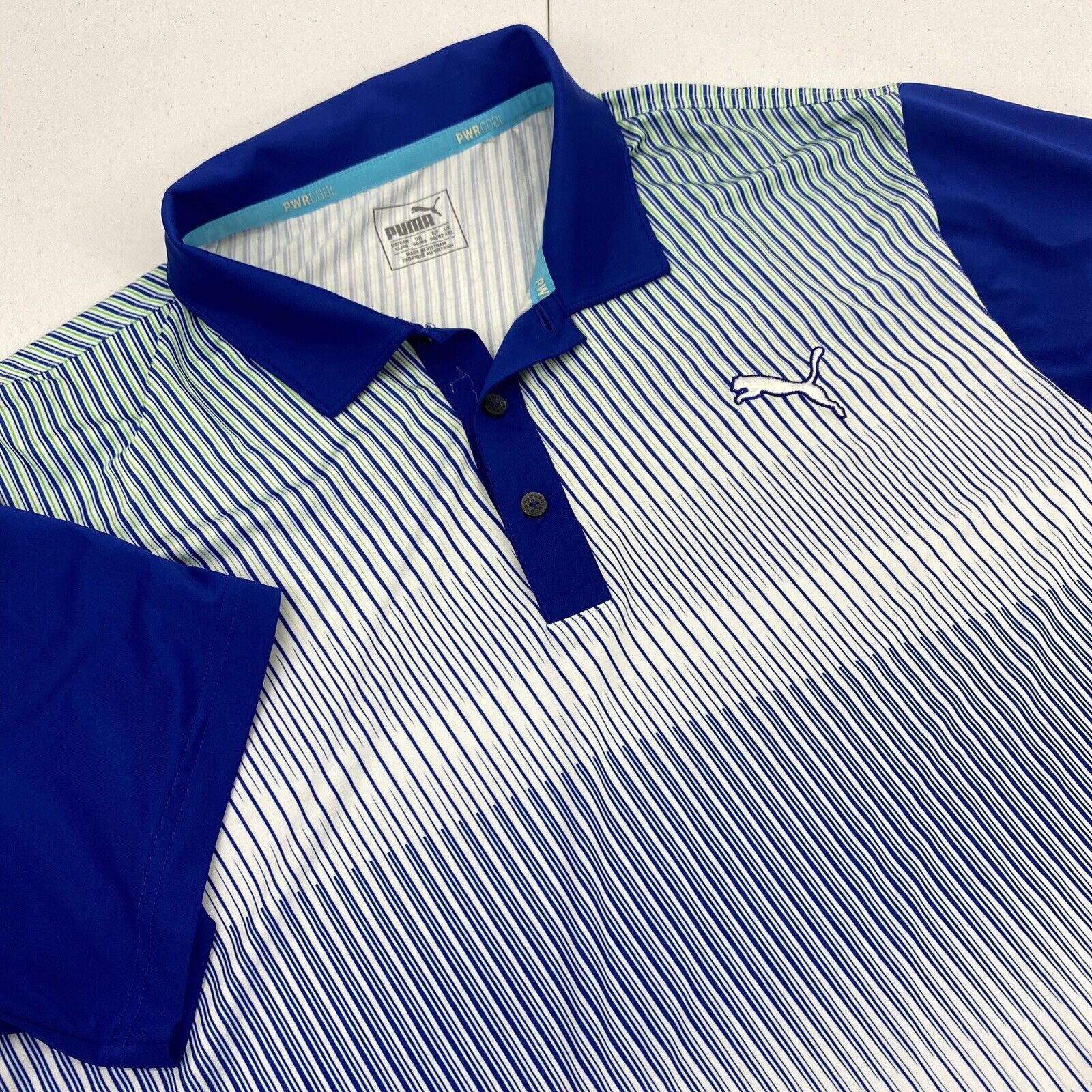 Puma Shirt Men XL Polo Golf Stripe Power Cool Blue Dry Cell Wicking Athleisure