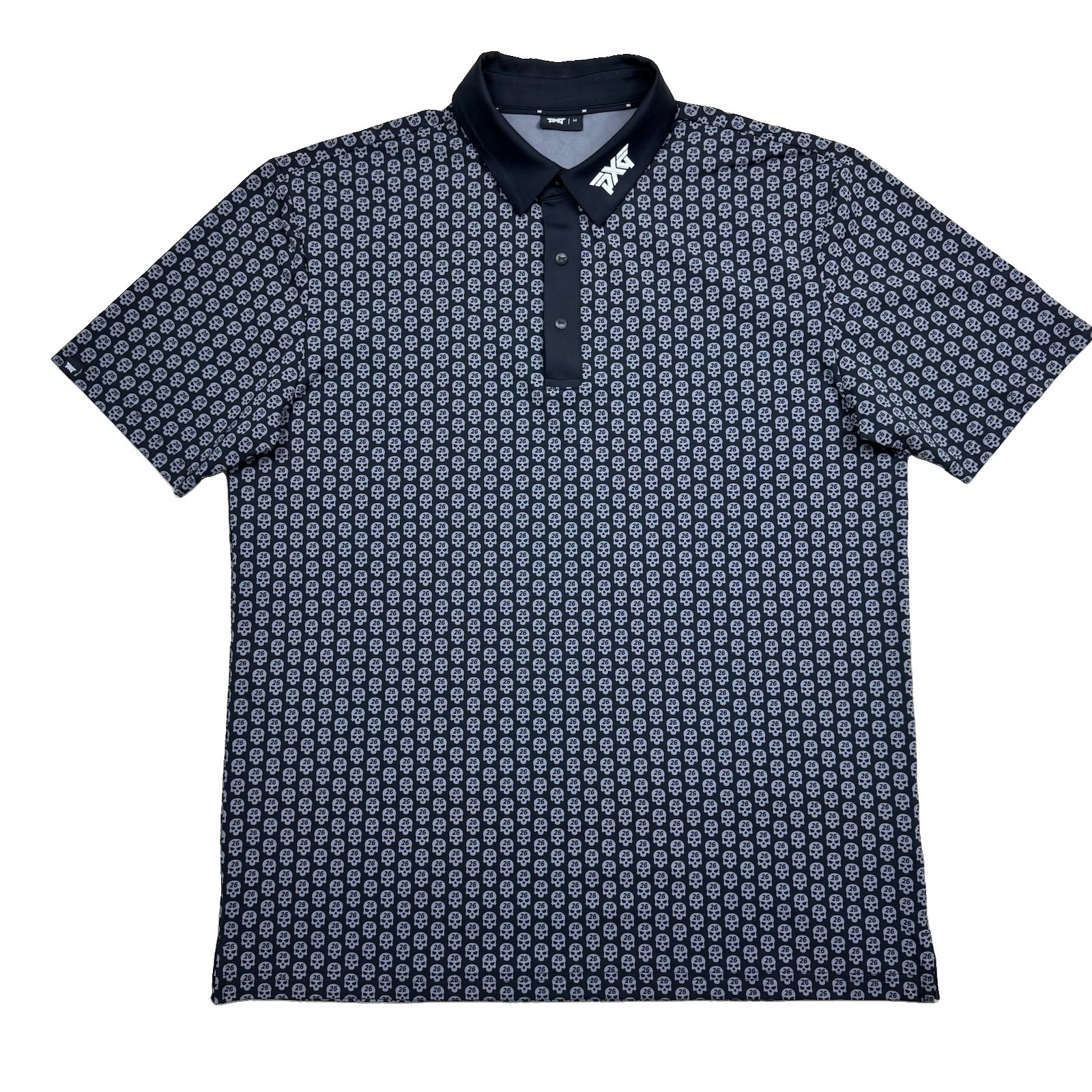 PXG Darkness Skull 26 All Over Print AOP Performance Golf Polo Black Size M PXG Darkness Skull 26 All Over Print AOP Performance Golf Polo Black Size M