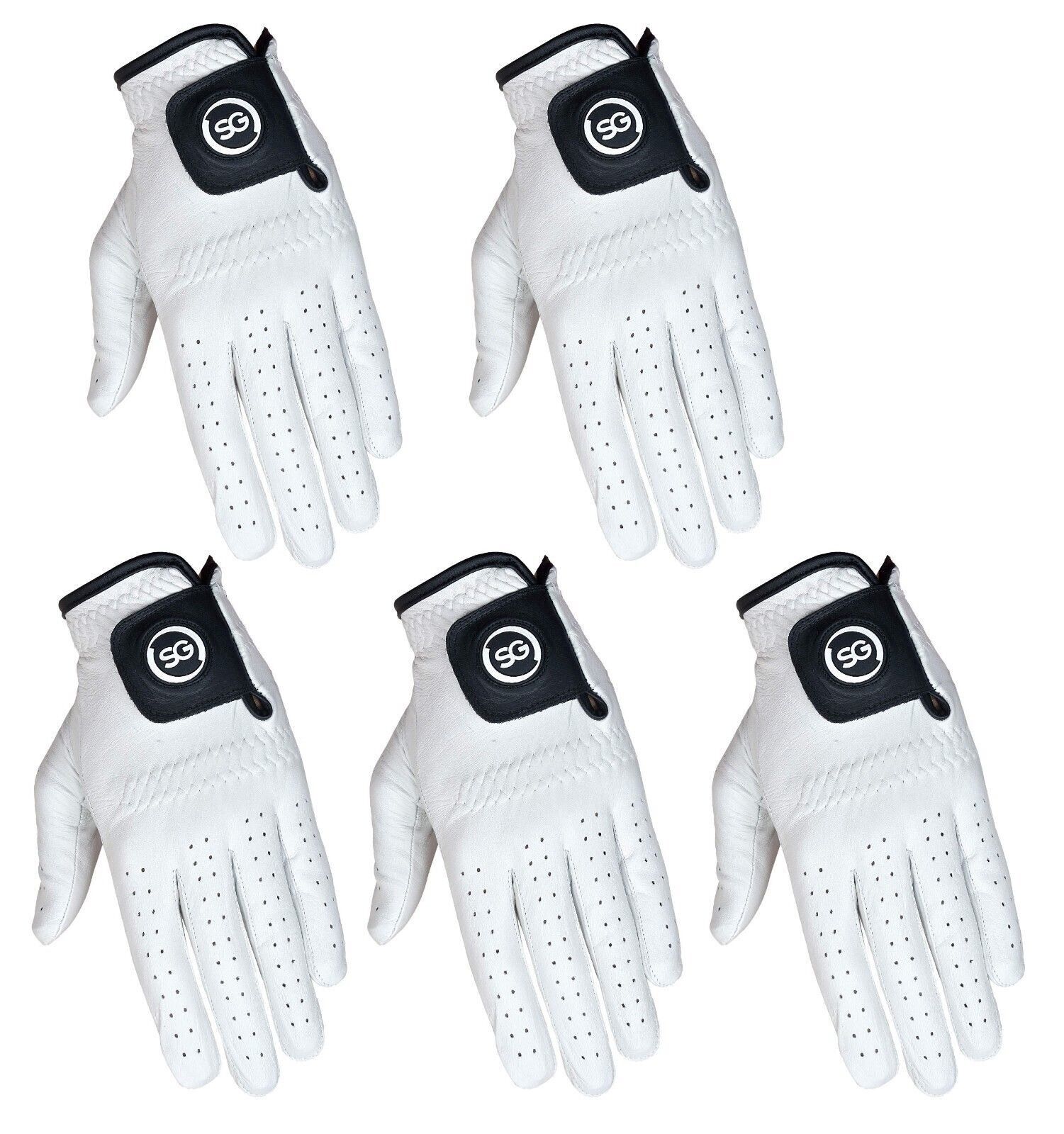 SG Pack of 5 Men White Golf Gloves Cadet and Regular sizes 100% Cabretta Leather
