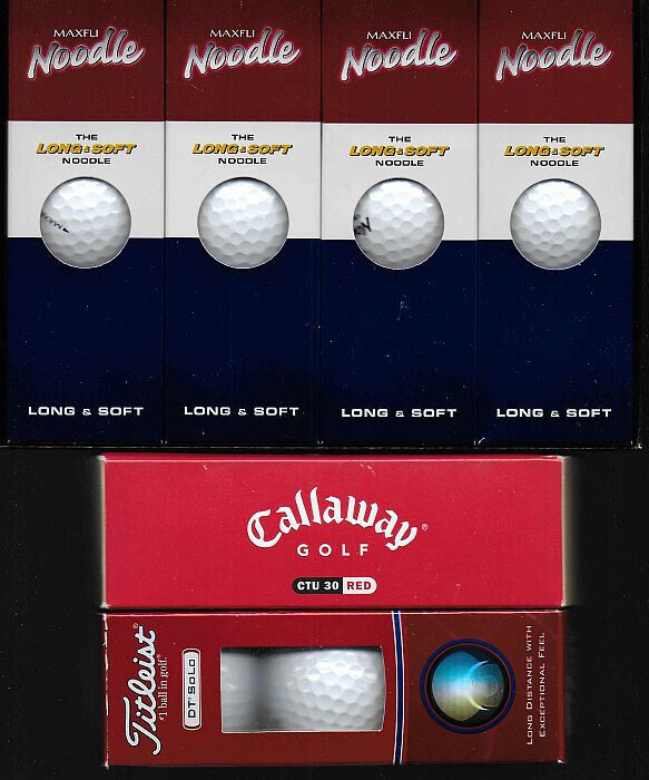 NEW Maxfli Noodle 12 Golf Balls + 3 Titleist DT Solo + 3 Callaway Red + Tees