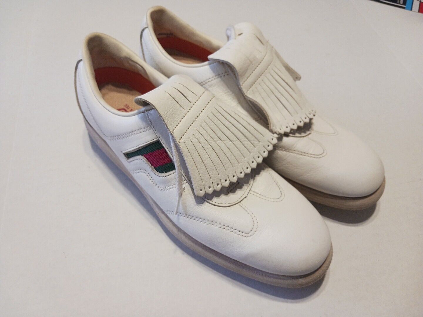 Vintage PRO-SHU Golf Shoes Mens 8 White Tassel Metal Spikes Leather Upper