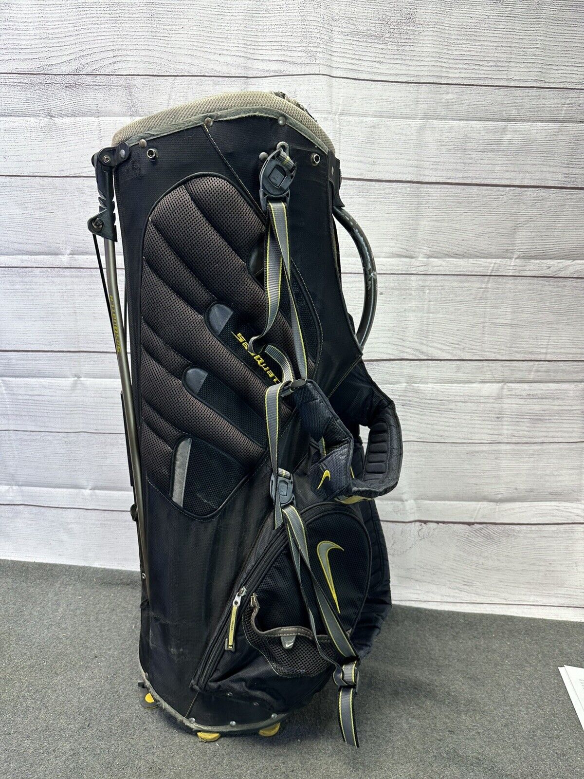 Used Nike SQ Sasquatch Carry Stand Bag Duel 14 Pockets Black/Gray/Yellow