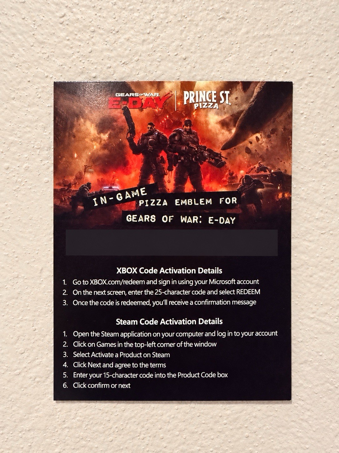 Gears Of War E Day Code Card / Prince Street Pizza - In Game Emblem BOTH CODES Gears Of War E Day Code Card / Prince Street Pizza - In Game Emblem BOTH CODES