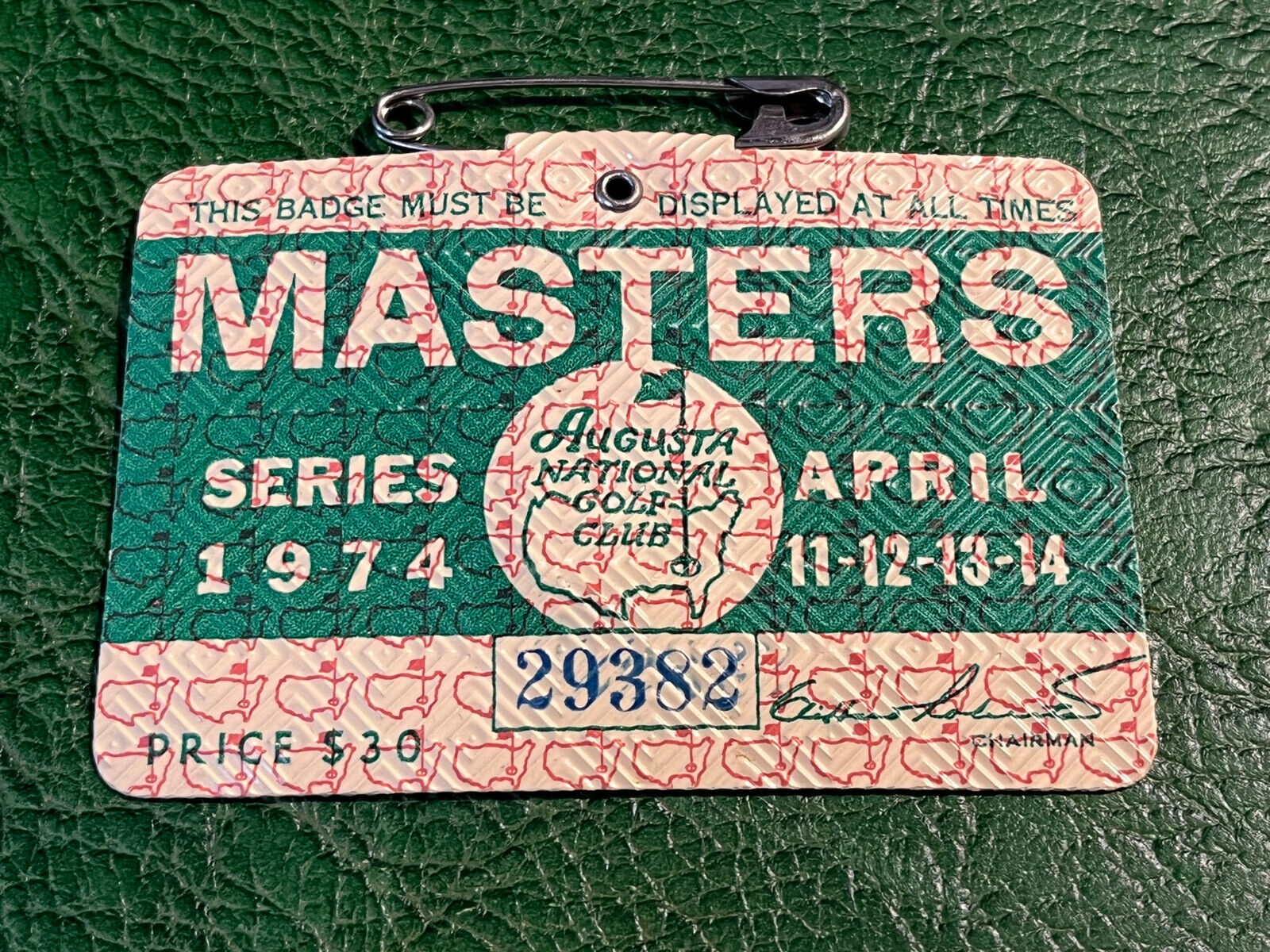 Masters Badge 1974 Gary Player Champion Augusta National Ticket Souvenir