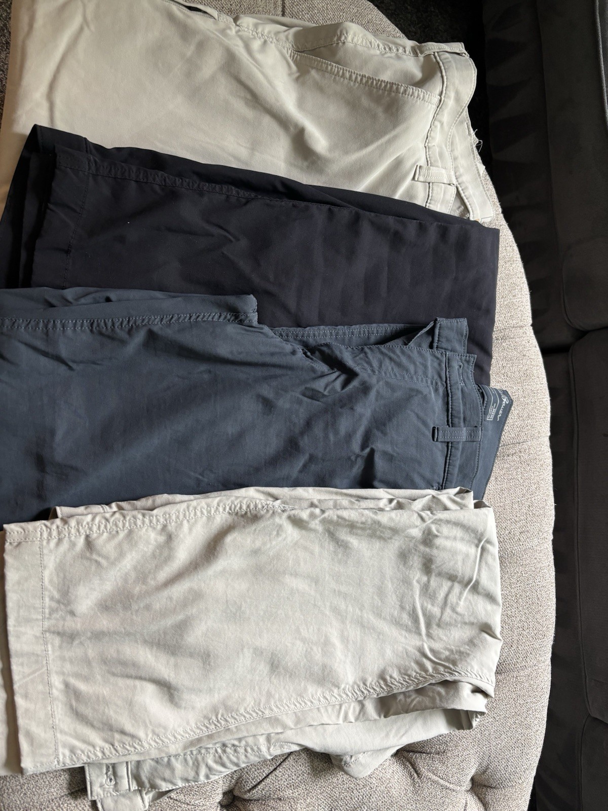 Lot of 4 Eddie Bauer Travex Men\'s Chino Pants Nylon Gr, Blk, 2 Tan Size 36 Waist