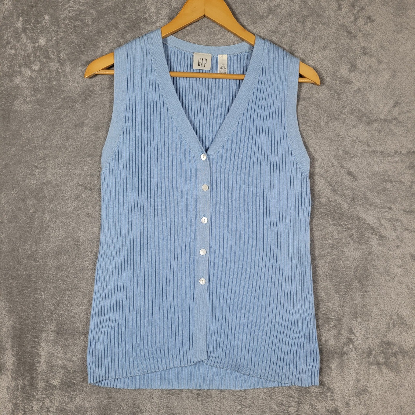 Vintage 90s Gap Sweater Vest Womens Medium Blue Ribbed Knit Button Front V-Neck