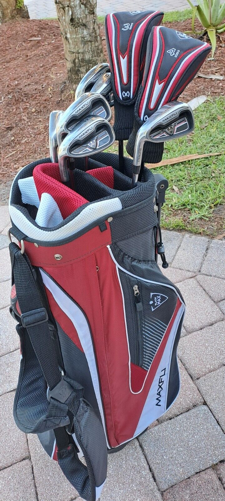 golf set MAXFLI BLACK MAX LEFT H red black stand bag 7 div 9 clubs R regular...