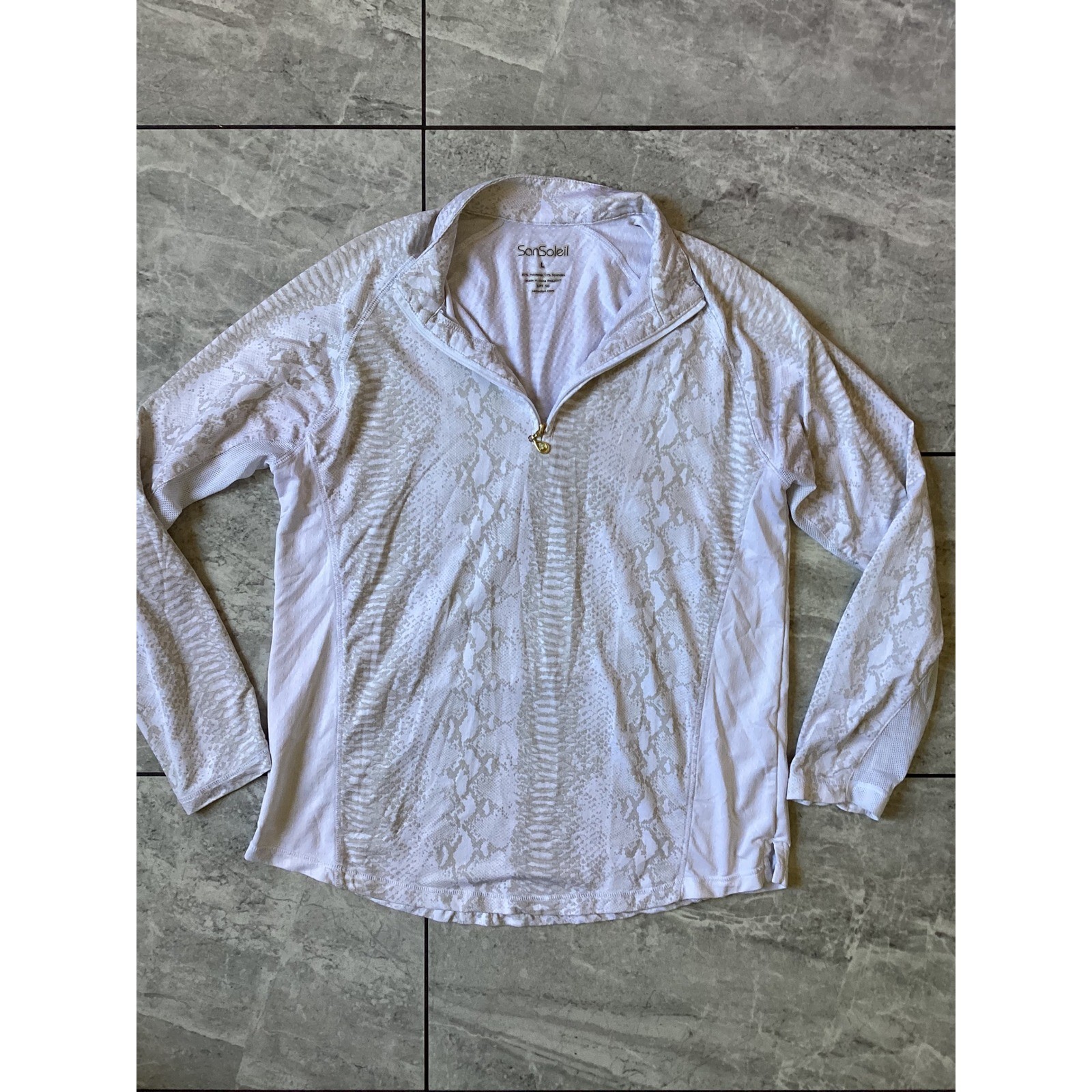 SanSoleil SolCool Womens Large White Grey Snakeskin 1/4 Zip Golf Top UPF 50 SanSoleil SolCool Womens Large White Grey Snakeskin 1/4 Zip Golf Top UPF 50