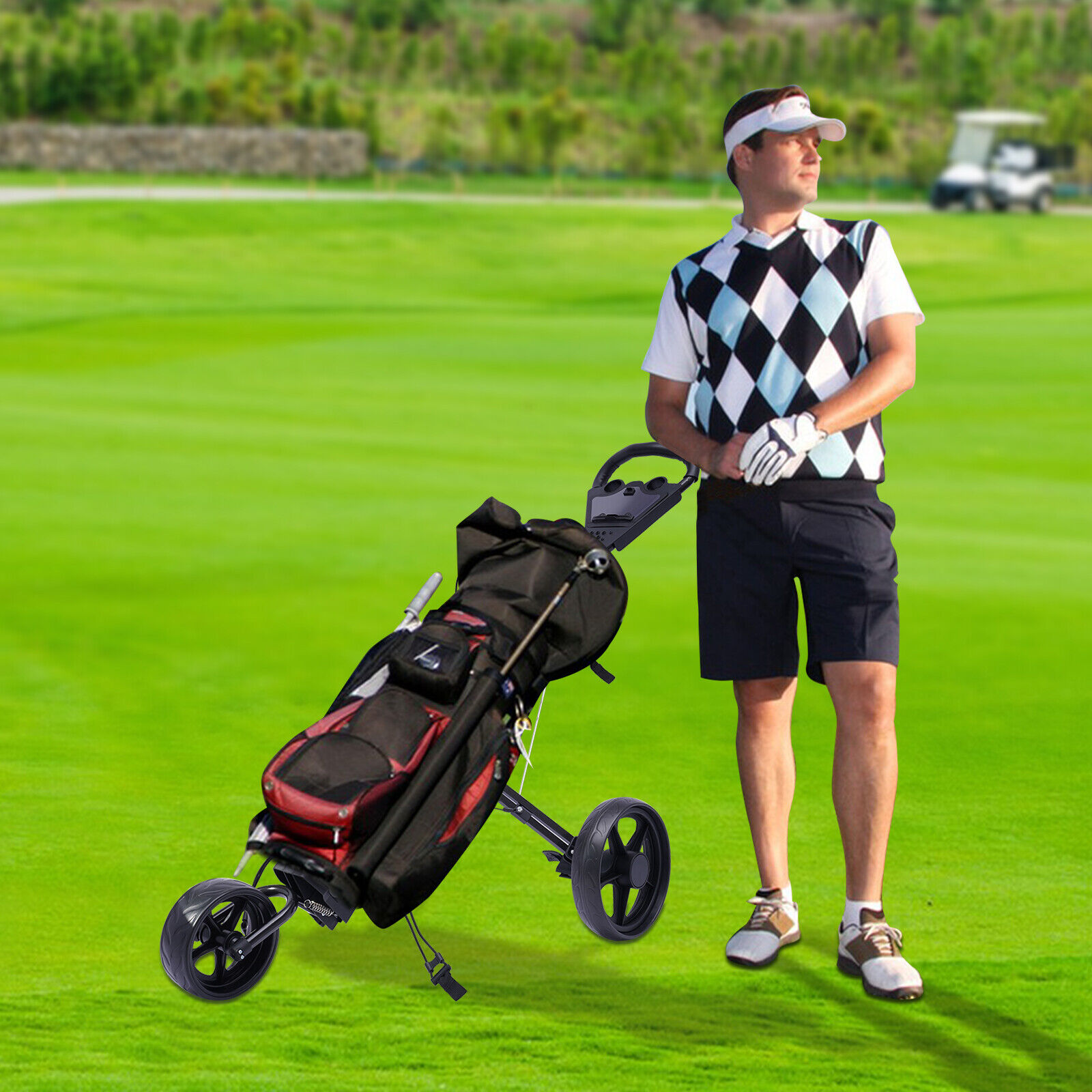 New Foldable 3 Wheel Golf Pull Push Cart Trolley with Scorecard Drink Holder