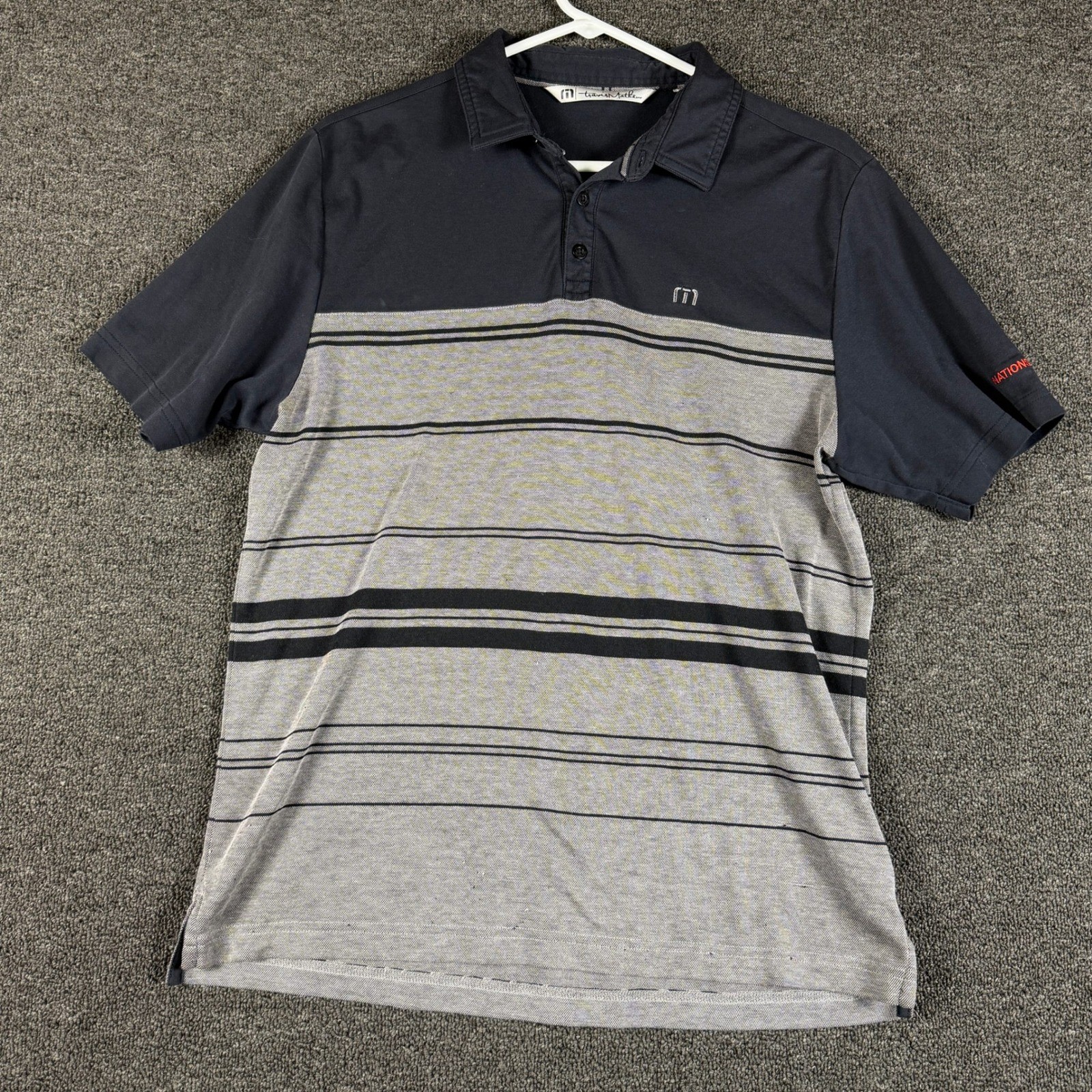 TravisMathew Mens Medium Navy Blue Grey Striped Pima Cotton Blend Polo Shirt