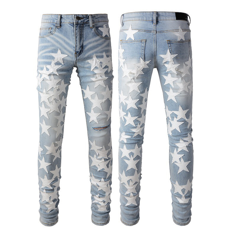 Men's Ripped STAR PU Patchwork Grunge Skinny stretch Denim Washed jeans Men's Ripped STAR PU Patchwork Grunge Skinny stretch Denim Washed jeans