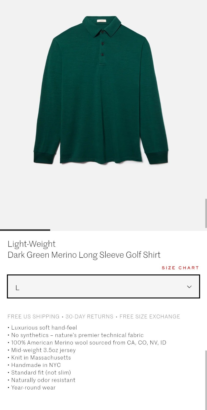 Whim Light-WeightDark Green Merino Long Sleeve Golf Shirt Large Whim Light-WeightDark Green Merino Long Sleeve Golf Shirt Large