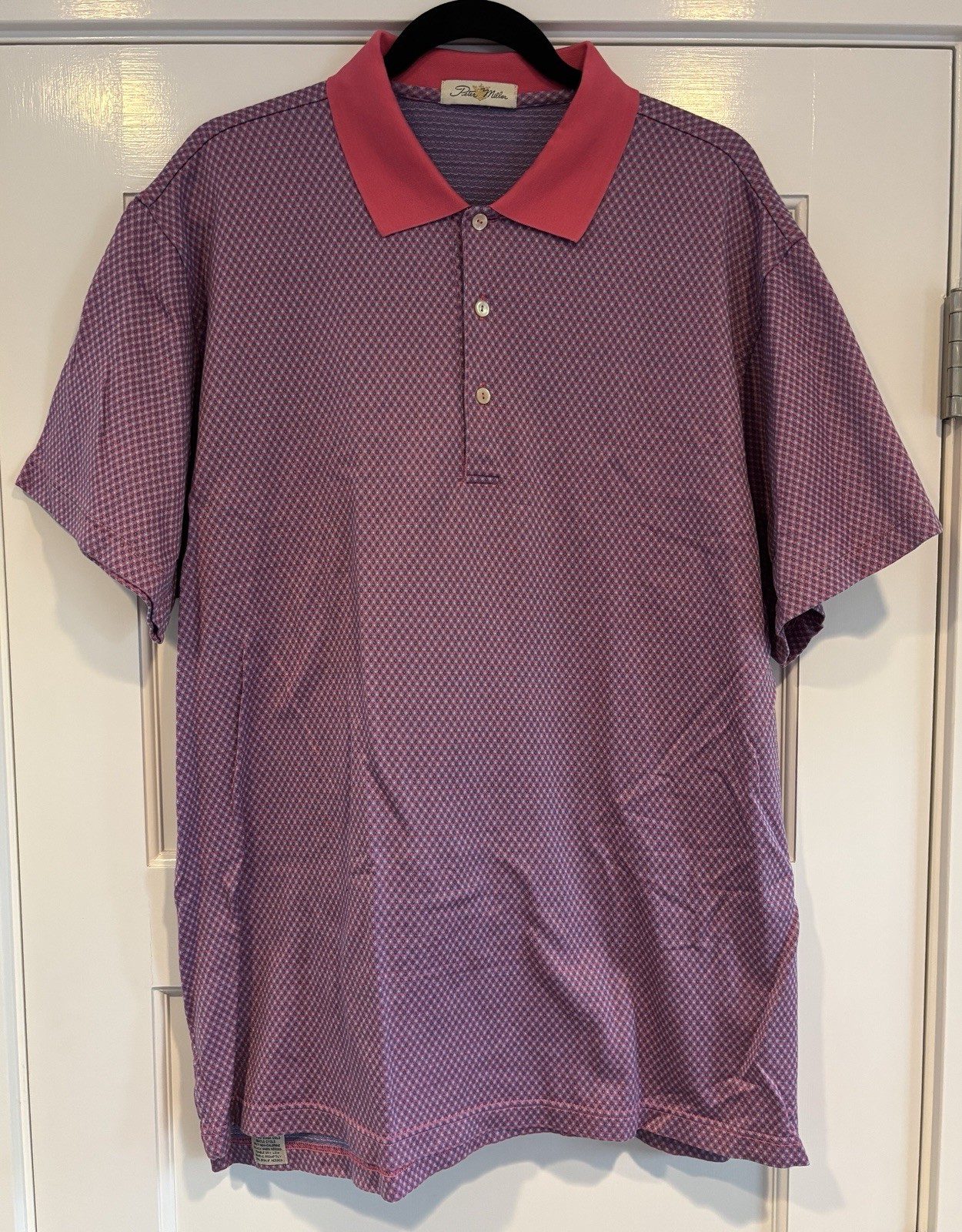 Peter Millar Golf Polo Purple Geometric Pink Collar Excellent Condition Size L