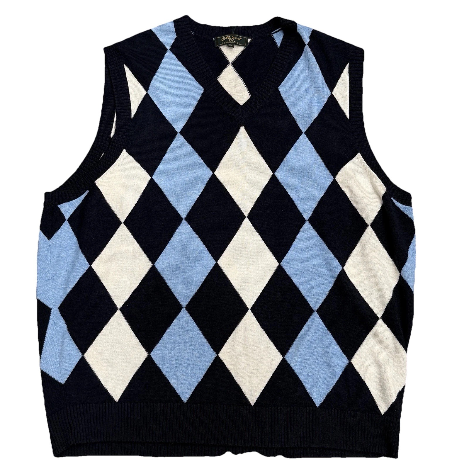 Blue Argyle Diamond Sweater Vest Men XL Old Money Cotton Cashmere Golf Preppy