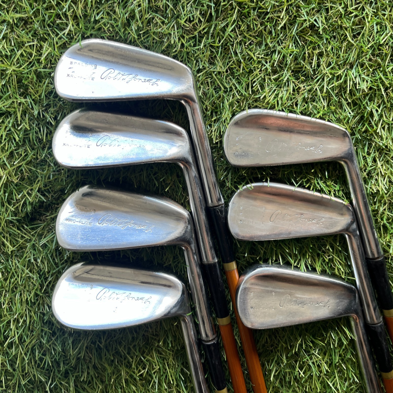Robert T Jones Jr. Spalding Kro-Flite Iron Set 3-9 Pyratone Shafts Leather Grips Robert T Jones Jr. Spalding Kro-Flite Iron Set 3-9 Pyratone Shafts Leather Grips