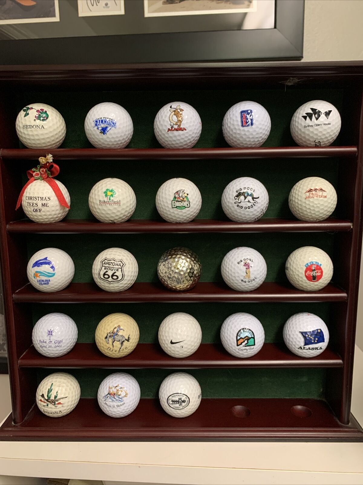 23 Collectible Golf Balls with Solid Wood 25 Ball Display Case Coca Cola Rte 66