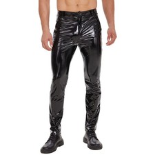 Men's Pu Patent Leather Trousers Zip Crotch Straight Leg Wet Look Pants Clubwear picture