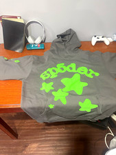 Sp5der Men's Gray/green Hooded Pullover Hoodie L Stars Logo Graphic Print picture
