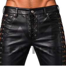 Mens Real Leather Pants Side Lace Fly Biker Motorcycle Trousers Black Gothic picture