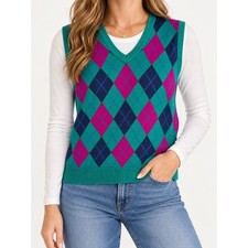 Vintage Isle Of Cotton Argyle Sweater Vest Green Pink V-neck Knit Made In Usa L picture