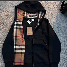 Burberry Men's Black Full Zip Hooded Fleece Hoodie Lined Pockets Size L picture