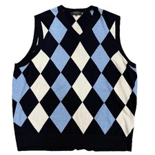 Blue Argyle Diamond Sweater Vest Men XL Old Money Cotton Cashmere Golf Preppy picture