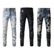 Men's Ripped Star Pu Patchwork Grunge Skinny Stretch Denim Washed Jeans picture